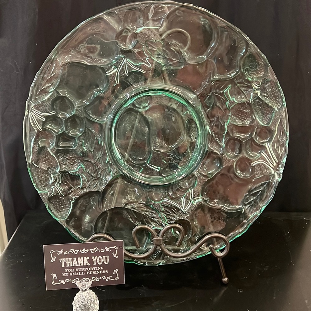 Indiana Glass Madeira Green Glass 13” Chip & Dip Serving Raised Fruit Pattern - Picture 2 of 4